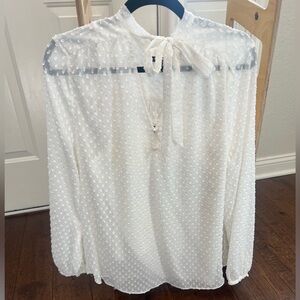 NYDJ White Pintuck Tie Front Long Sleeve Women's Blouse, Size Large